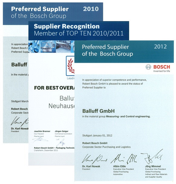 巴鲁夫再次荣获博世公司授予的“最佳供应商”称号